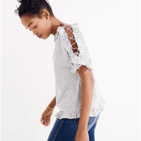 Madewell Ruffled Lace-Up Top in Stripe Gray Size XS - Picture 4 of 13